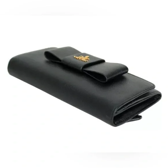 Prada ribbon long saffiano black continental bow wallet with Prada box - Picture 3 of 16